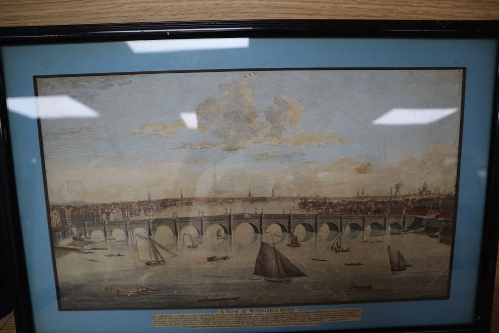 A near set of eight 18th century coloured engravings, Views of London and Paris, approximately 21 x 41cm